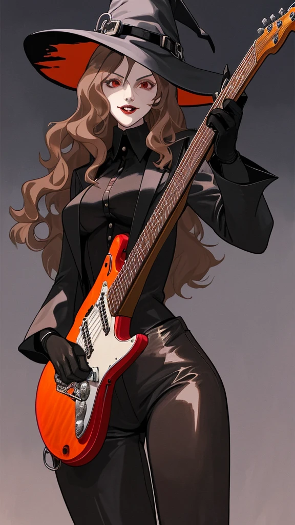 mature woman with electric guitar, witch hat, vampire-like suit, black leather pants, black gloves, long wavy light brown hair