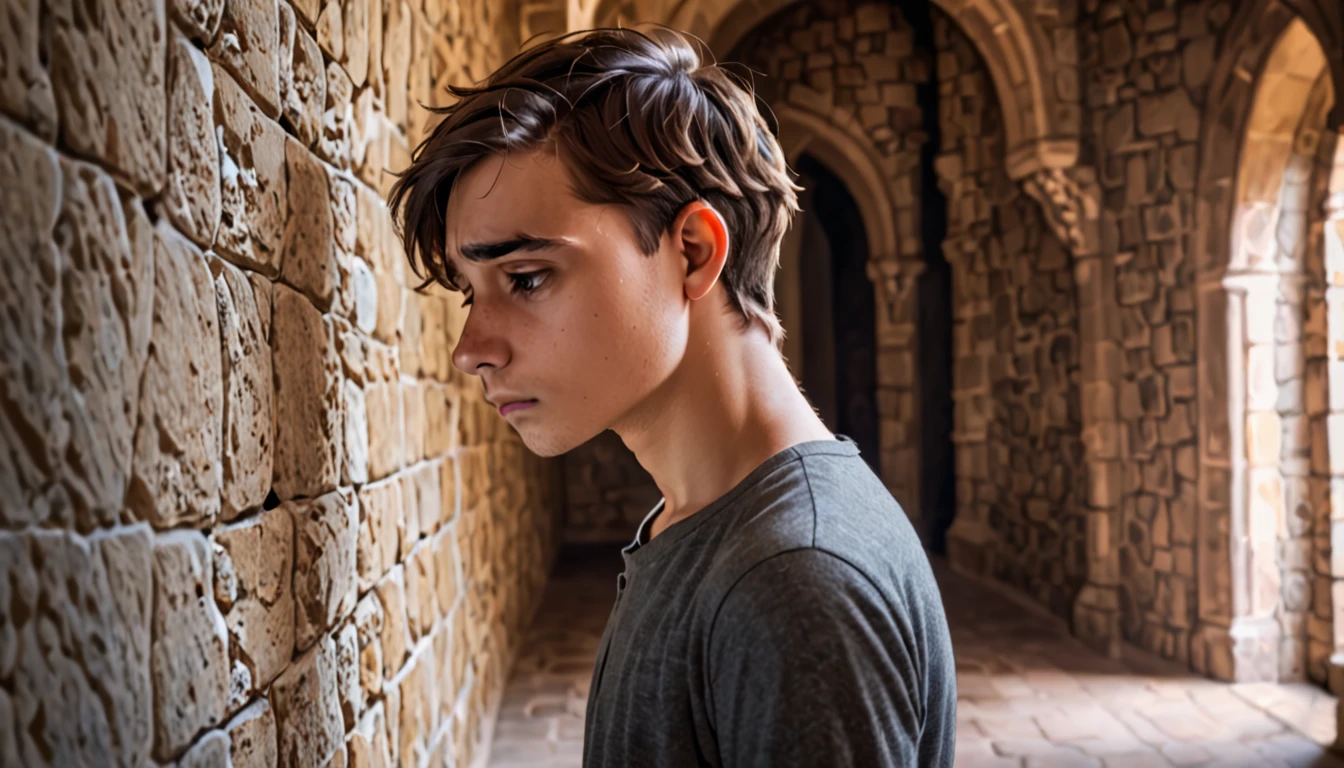 handsome young man alone sad and melancholy in half profile in a castle corridor