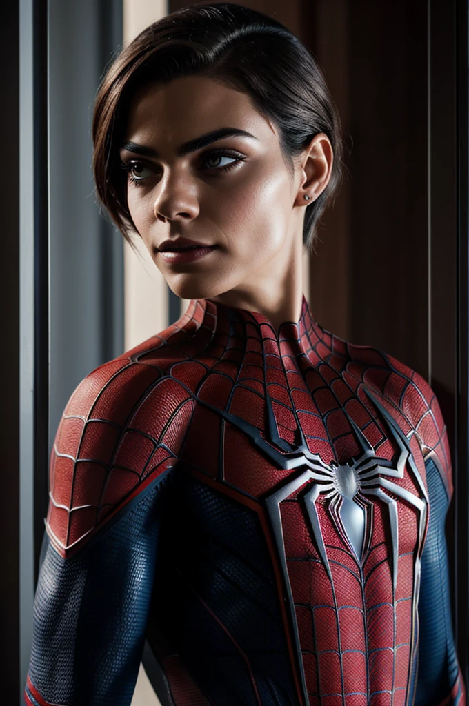 A photograph of Spider-Man., sin mascara, the 20s, elegante, cara detallada, looking to the camera, retrato, 8k hd, alta calidad