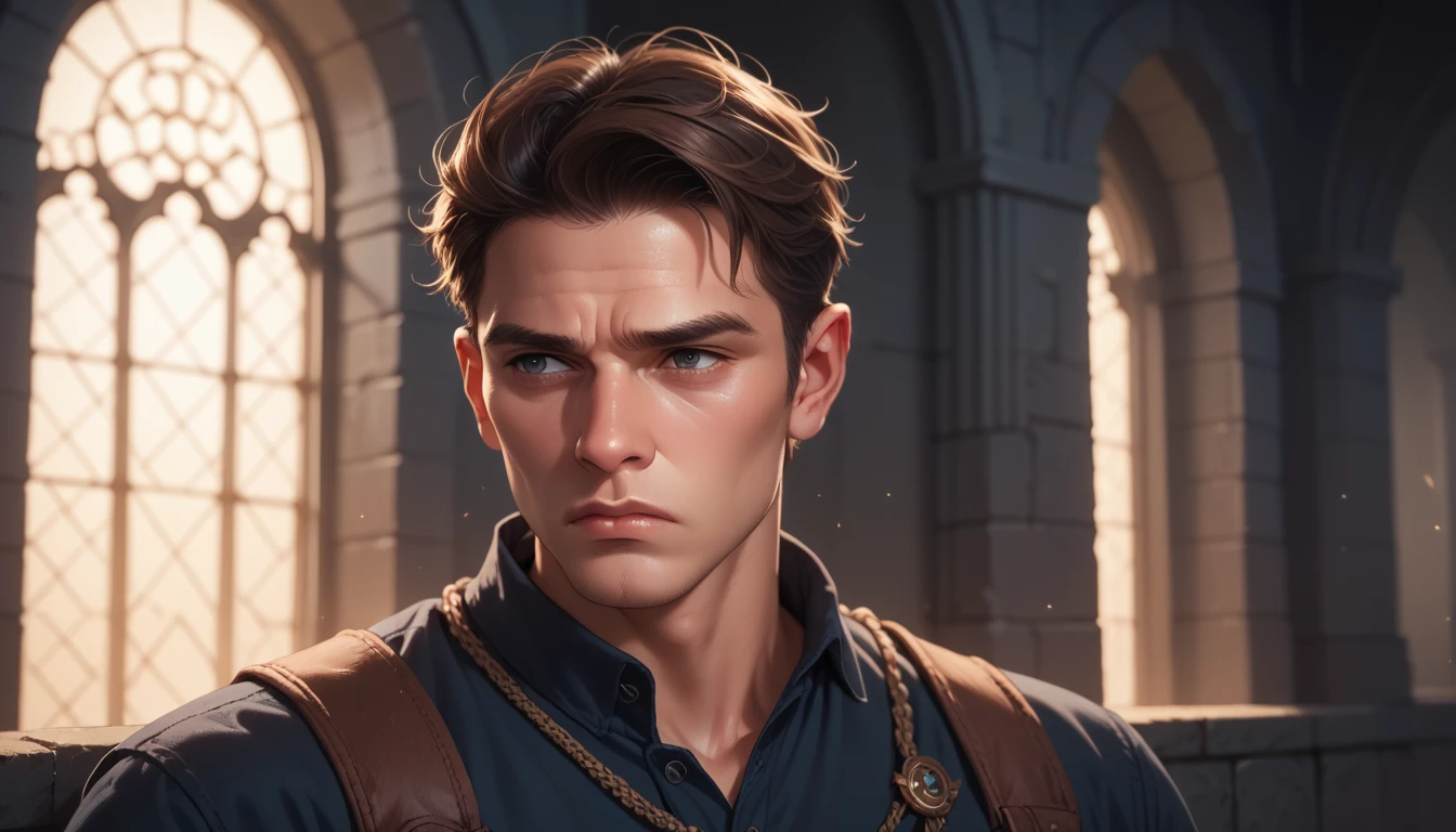 handsome young man alone sad and melancholy in half profile in a castle corridor