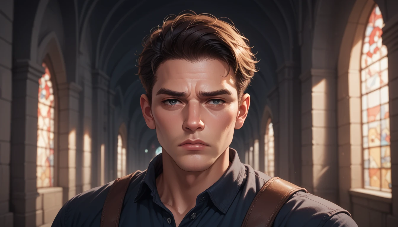 handsome young man alone sad and melancholy in half profile in a castle corridor