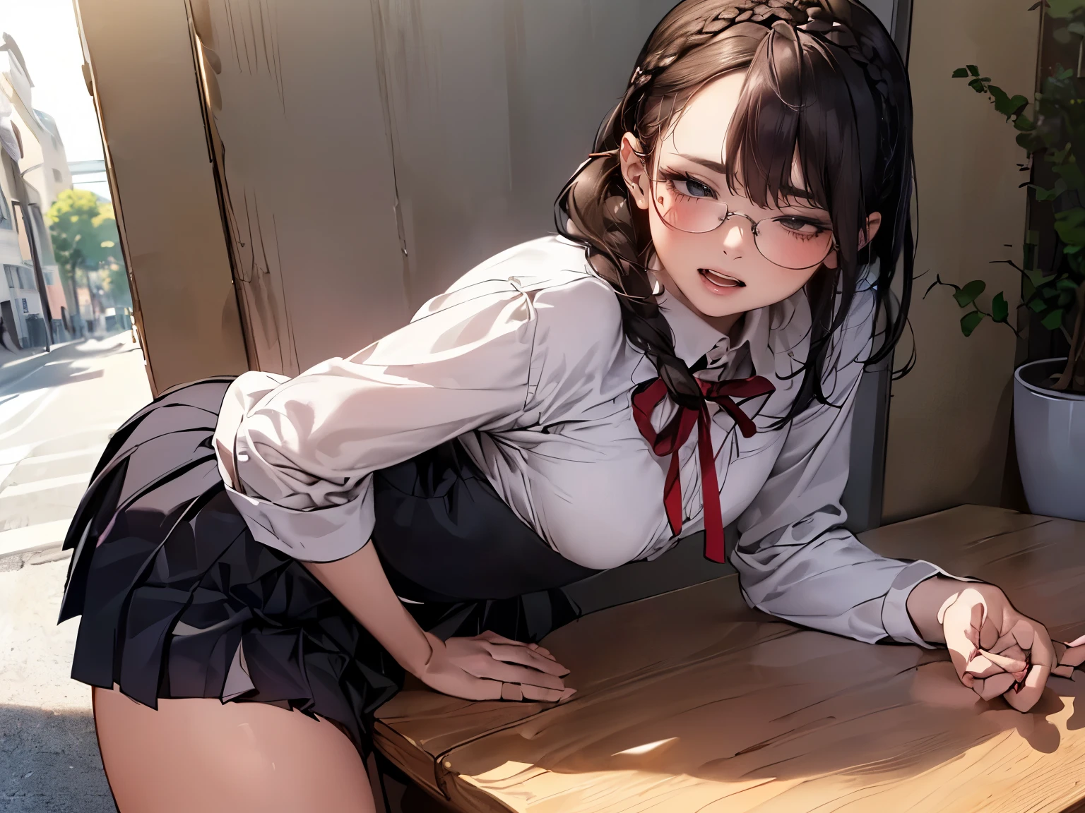 ((braid, glasses, pleated skirt, ribbon)), (((round face))), ((eyes with realistic sizing, drooping eyes, blush, shame smile, thin lips, spread legs)), (((standing and straddling to hit her crotch against the corner of the table for musturbation))), open mouth, (outside, on the sidewalk, terrace table), (angle from side),