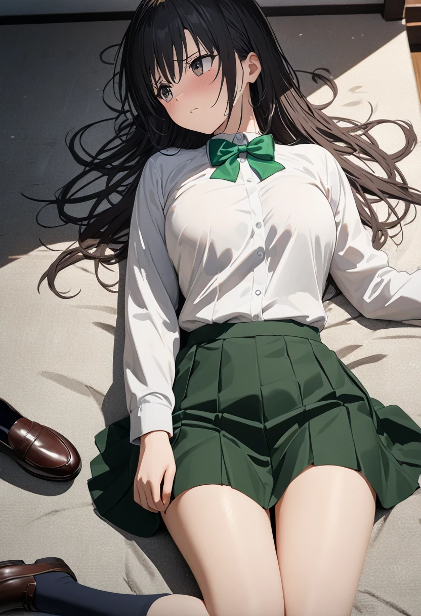 ((Highest quality、unity 8k wallpaper、32K、masterpiece、Very detailed、Ultra-high resolution、Ultra-high resolution、 Very detailedな顔, RAW Photos, Professional)), Kotegawa Yui, green bowtie, socks, loafers,  chest, Curved body,Lie in, Look to the side, Worried face, 