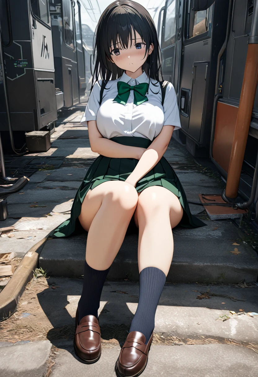 ((Highest quality、unity 8k wallpaper、32K、masterpiece、Very detailed、Ultra-high resolution、Ultra-high resolution、 Very detailedな顔, RAW Photos, Professional)), Kotegawa Yui, green bowtie, socks, loafers,  chest, Curved body,Lie in, Look to the side, Worried face, 