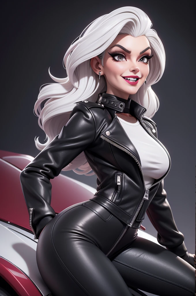 obra prima, melhor qualidade, 2 women, (emma peel vamp 70yo face wrinkles,) head back, sassy wicked girl, big toothy smile, open mouth, (( white lipstick,)) thick smoky black eye shadow, long fake eyelashes, raven black mullet hair, ((cherry red leather biker jacket and pants,)) with studs zippers snaps, shiny leather gloves, body is skinny, laying down on hood of sports car, shiny tight buttocks, dazzle pose, pinup pose, exaggerated selfie pose, camera view of whole body, looking up at me, shallow depth of field, highres, HD, 8k, anatomically correct
