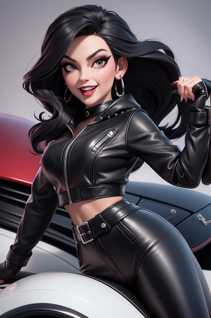 obra prima, melhor qualidade, 2 women, (emma peel vamp 70yo face wrinkles,) head back, sassy wicked girl, big toothy smile, open mouth, (( white lipstick,)) thick smoky black eye shadow, long fake eyelashes, raven black mullet hair, ((cherry red leather biker jacket and pants,)) with studs zippers snaps, shiny leather gloves, body is skinny, laying down on hood of sports car, shiny tight buttocks, dazzle pose, pinup pose, exaggerated selfie pose, camera view of whole body, looking up at me, shallow depth of field, highres, HD, 8k, anatomically correct