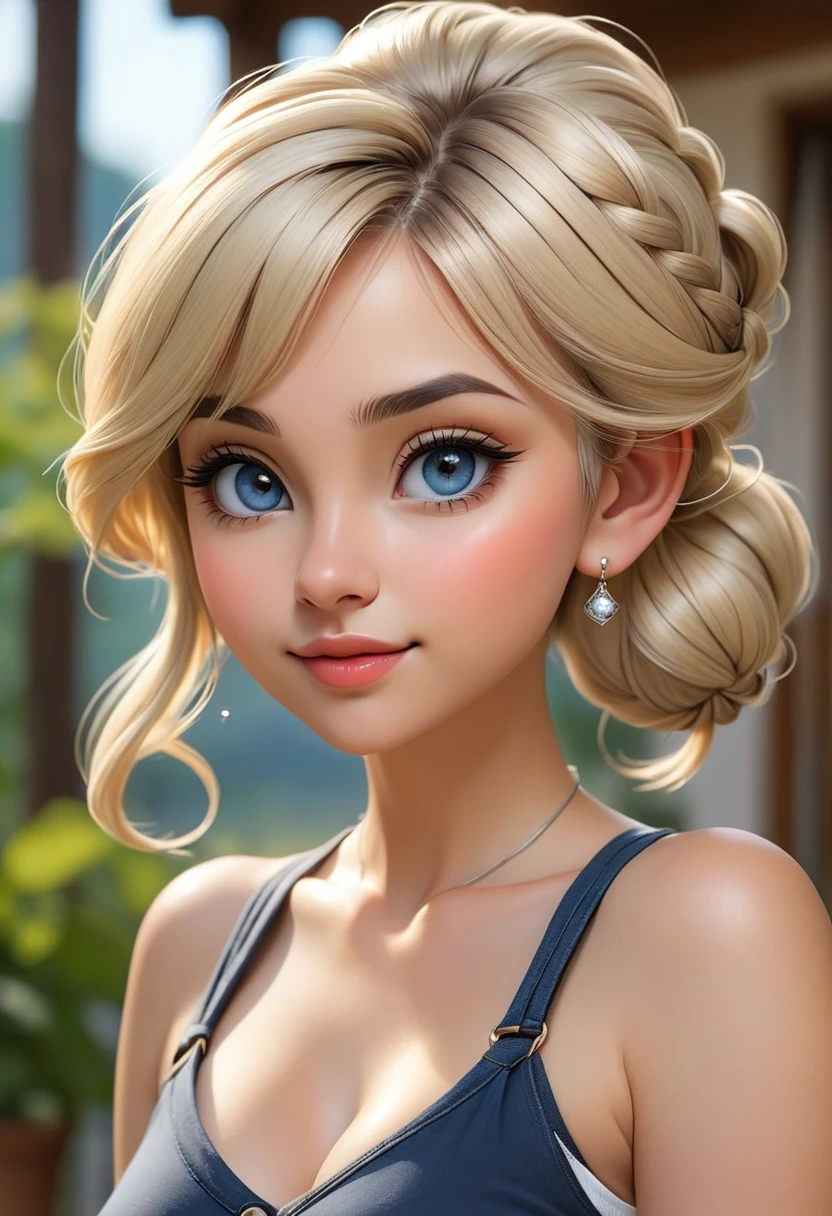 ((ultra quality)), ((tmasterpiece)), gnome girl, Short stature, ((blonde woman, hairlong, braided)), (silver ear rings), (silver necklace around the neck), (Beautiful cute face), (beautiful female lips), Charming, ((sexy facial expression)), looking at the camera smiling softly, eyes are slightly closed, (Skin color: white), Body glare, ((detailed beautiful female eyes)), ((dark blue eyes)), (juicy female lips), (beautiful female hands), (A bit full figure, bun), ((perfect female figure)), perfect female body, Beautiful waist, Gorgeous hips, Beautiful medium breasts, ((Subtle and beautiful)), seductively worth it (close-up of the face), (wearing blackface jeans, white tanktop) background: on the threshold of the house, Hot day, ((Depth of field)), ((high quality clear image)), (crisp details), ((higly detailed)), Realistic, Professional Photo Session, ((Clear Focus)), the anime