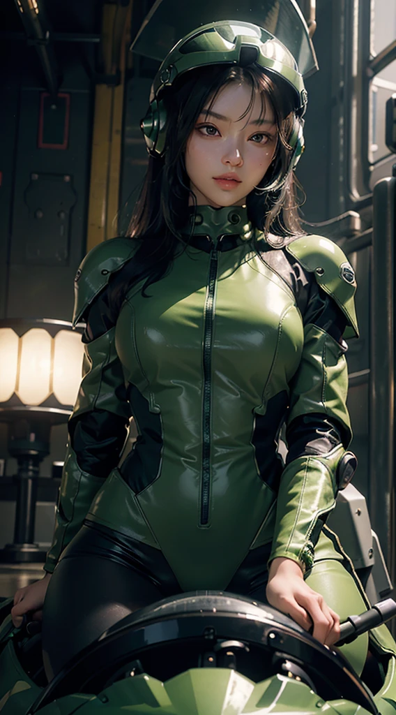 Highest image quality, outstanding details, ultra-high resolution, (realism: 1.4), the best illustration, favor details, highly condensed 1girl, with a delicate and beautiful face, dressed in a black and green mecha, wearing a mecha helmet, holding a directional controller, riding on a motorcycle, the background is a high-tech lighting scene of the future city.