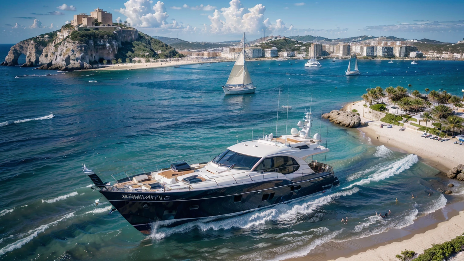 (ultra-high definition, hyper-realistic, highly detailed, high quality, sharp focus, professional lighting, vivid colors, intricate details), (beach in Ibiza Spain background with water, yachts, boats, detailed architecture, people, vibrant atmosphere), (best quality,4k,8k,16k,Highest,masterpiece:1.2),(realistic,photorealistic,photo-realistic:1.37), (extremely detailed CG unit, 16k wallpaper), 16k UHD, 16k HDR, Fujifilm XT3 sharp focus, professional lighting, vivid colors, intricate details, film grain, RAW photography, Fujifilm XT3 realistic painting art, f5.6, Utilize state-of-the-art deep learning models and adjust parameters according to quality metrics such as Structural Similarity (SSIM) and Perceptual Loss to create an image that is indistinguishable from a real, high-quality photograph, fine-tuning, (be creative),