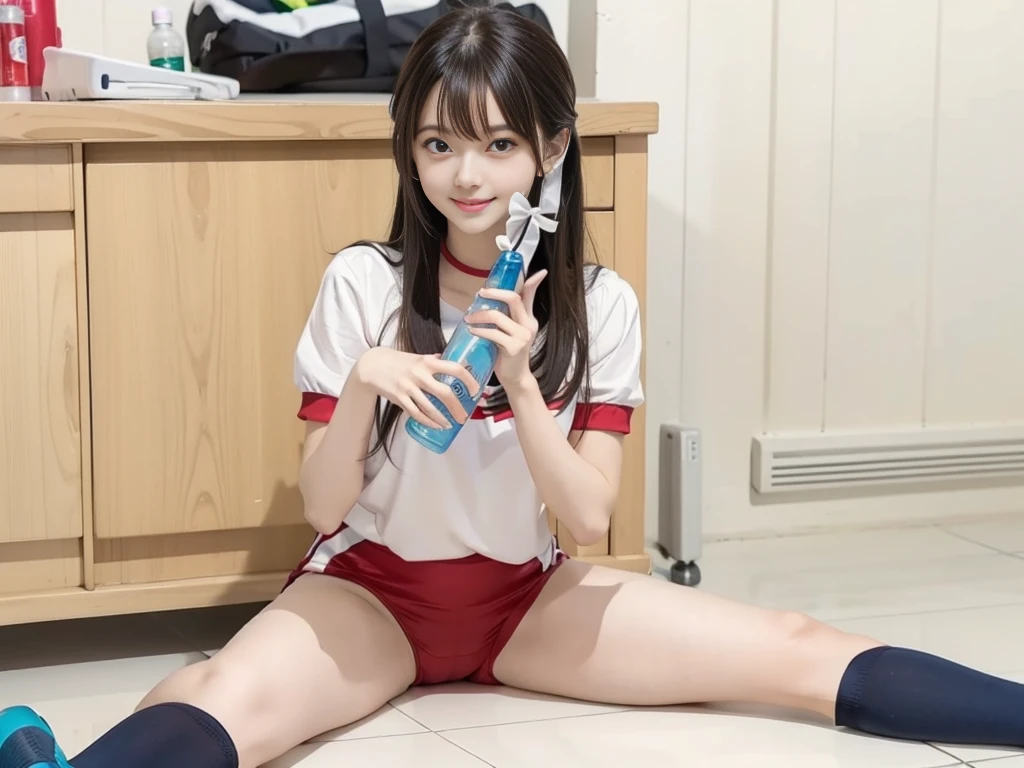 anime girl sitting on the floor with a bottle of water, anime girl drinks energy drink, beautiful anime girl squatting, the anime girl is crouching, smooth anime cg art, seductive anime girl, cute anime girl, attractive anime girl, a hyperrealistic , young anime girl, anime visual of a cute girl, (anime girl), beautiful anime high school girl,,smile,(small brests:1.2),(skinny:1.2),,smile,