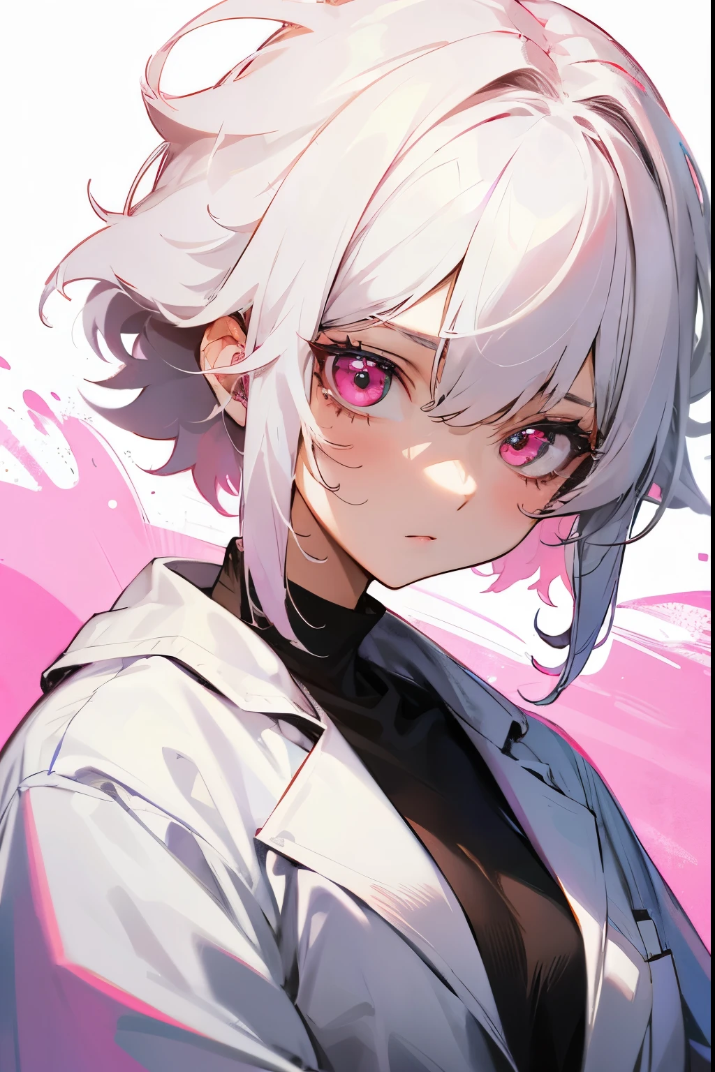 1female , Lab Coat , White Hair , Messy Hair , Tired Expression , Pink Eyes , Science Lab Background , Masterpiece Quality , Adult Female , Unique Hair
