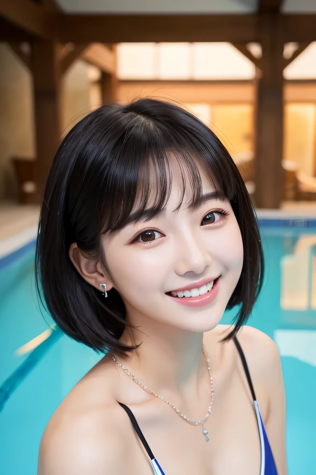 Beautiful Young Woman of the Year、 Korean women、Black Hair、Necklace around the neck、Woman in swimsuit、smile、Beautiful teeth alignment、Open your mouth a little、Intricate details, Very detailed:1.2), 、 Looking into the camera,background is indoor pool、ear piercing