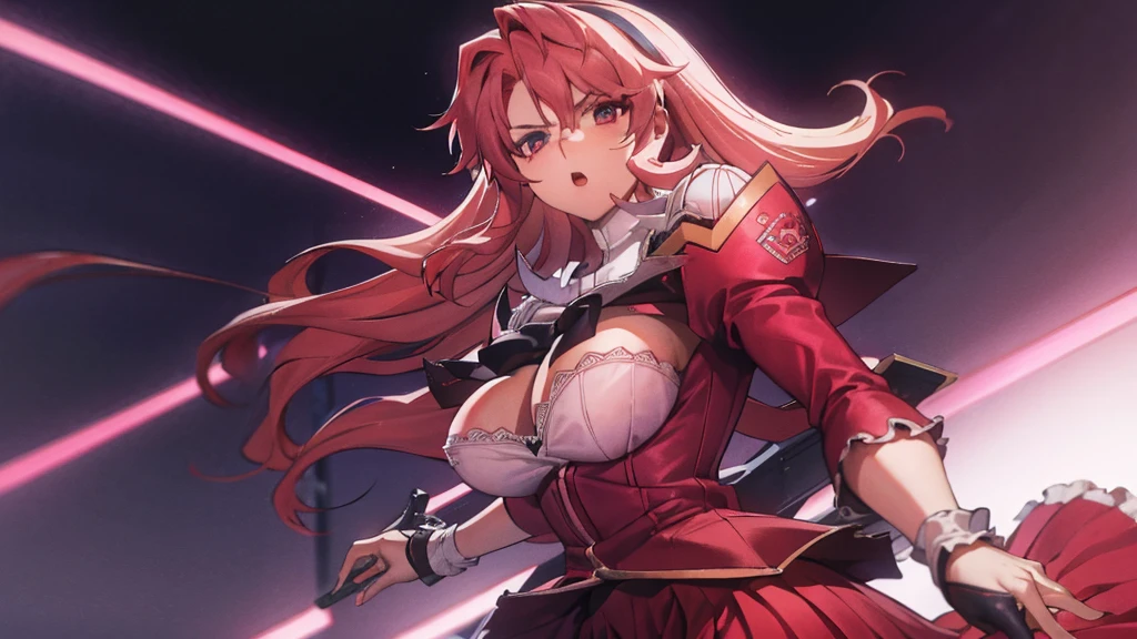 1girl, Cynthia, huge cynthia's hairstyle, dark red hair, detailed face,pink eyes,medium and round buson,red sailor collegial clothes, cibernectic huge gloves, serious face, opened mouth, Thicc body, Tight red mini skirt