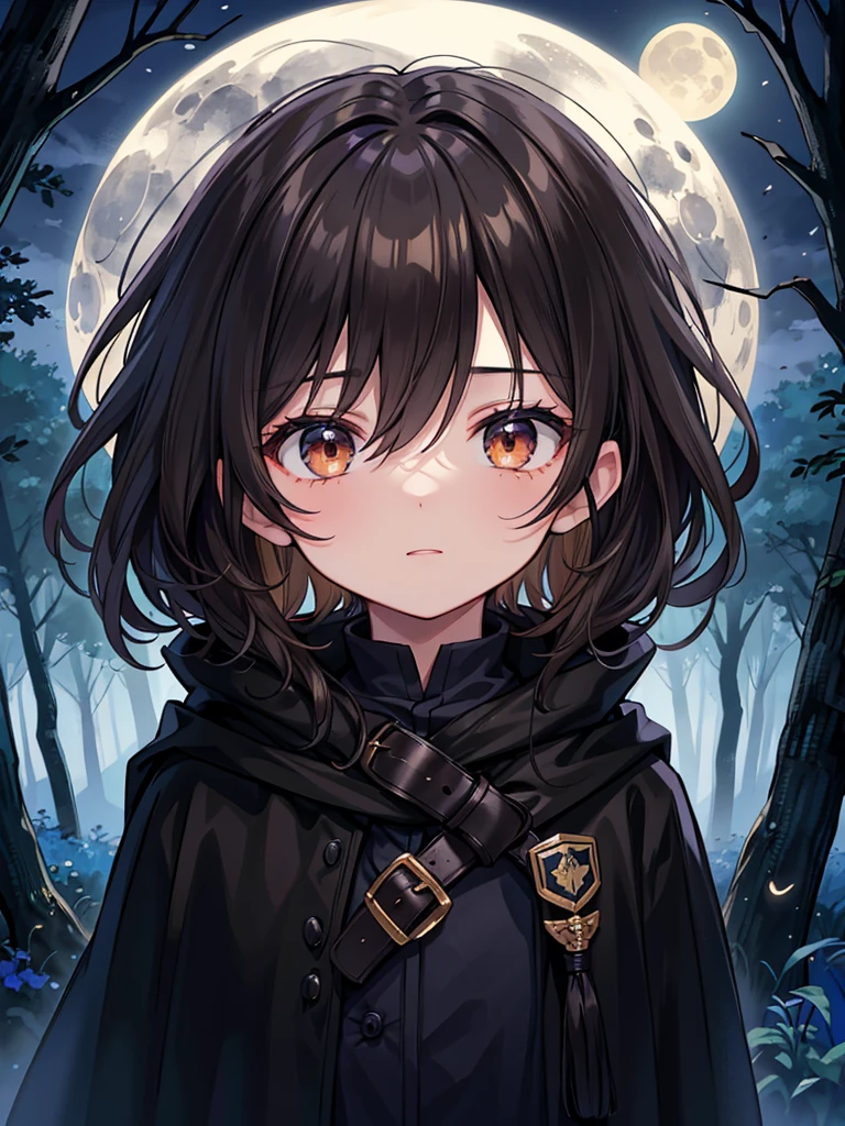 A young 10-year-old boy. He has warm brown eyes. His hair is a pitch black. He sports a flowing black cloak. The moonlight brightens the dark forest around him. His face is masculine