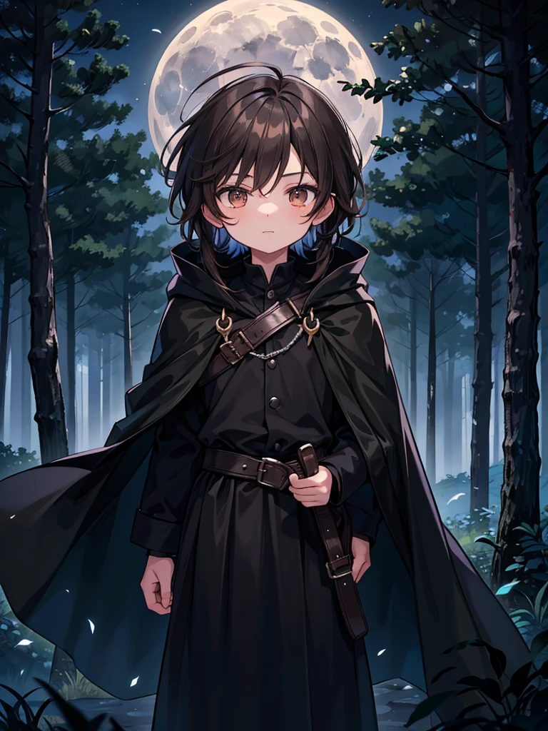 A young 10-year-old boy. He has warm brown eyes. His hair is a pitch black. He sports a flowing black cloak. The moonlight brightens the dark forest around him. His face is masculine