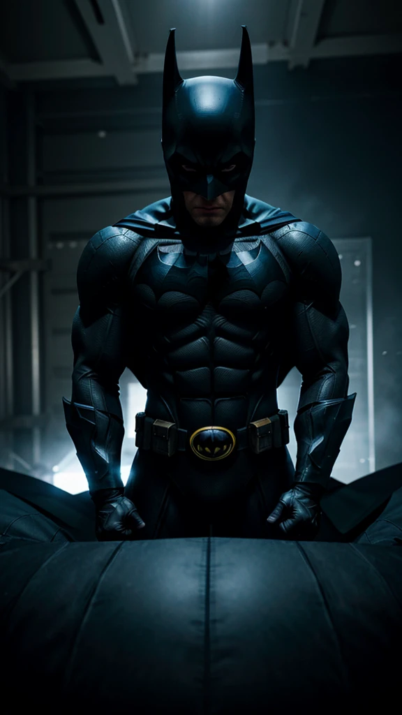 a man with black hair and blue eyes wearing a batman suit, highly detailed face, muscular build, dramatic lighting, cinematic composition, dark moody colors, photorealistic, 8k, best quality, hyper detailed, sharp focus, chiaroscuro lighting, dynamic pose, superhero, comic book style