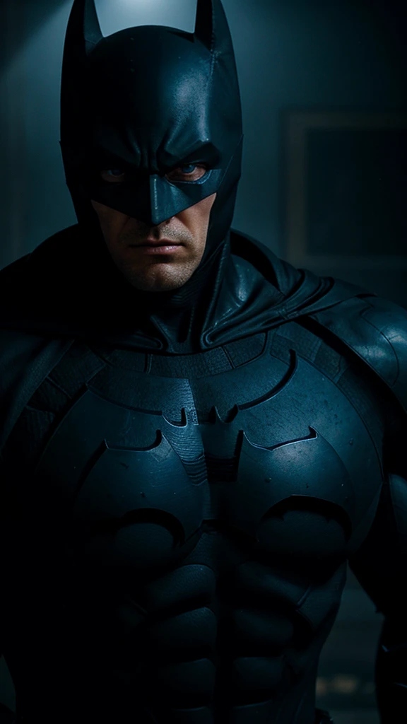 a man with black hair and blue eyes wearing a batman suit, highly detailed face, muscular build, dramatic lighting, cinematic composition, dark moody colors, photorealistic, 8k, best quality, hyper detailed, sharp focus, chiaroscuro lighting, dynamic pose, superhero, comic book style