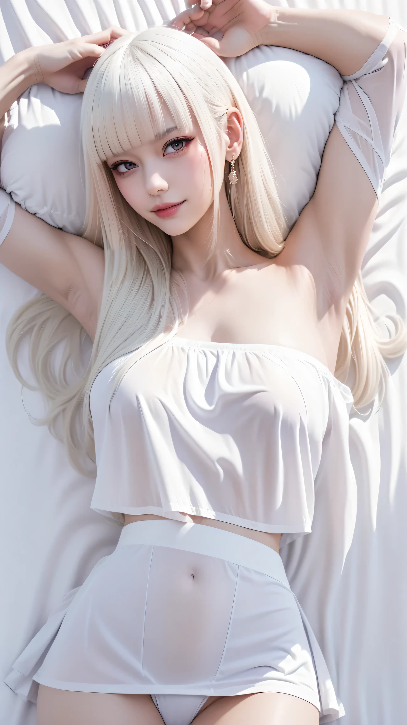 ((Golden white hair)),((Straight bangs、Princess bangs)),((Very heavy、Very voluminous bangs:1.1)),((Very long、Very heavy、Very voluminous side locks:1. 1))、Hime cut、Straight bangsヘアスタイル、Long Hair、The bangs are cut straight、(masterpiece、Highest quality:1. 5), (Ultra-fine 8K CG:1.4), (Hyperrealistic:1.25), (Photorealistic:1.25), (Real:1.4), COWBOY SHOT, (View from above:1.35), (from the front:1.4), (smile:1.3)、。
1 Japan Beautiful Girl、19 years old、Supermodel、Japanese Idols、(smile)、(Medium sized chest)、Sweat Muscles、(Off-the-shoulder semi-transparent white maid outfit:1.4)、COWBOY SHOT
(Black and white monotone maid outfit 1.1), (Lying in bed 1.4), (Lying on your back 1.1), (Put your head on the pillow 1.1), (Full Body Shot), ((Floral panties are visible on a white background))、