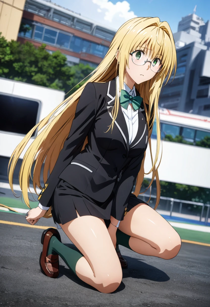 ((Highest quality、unity 8k wallpaper、32K、masterpiece、Very detailed、Ultra-high resolution、Ultra-high resolution、 Very detailedな顔, RAW Photos, Professional, )) tearju lunatique, Glasses, blonde hair, green eyes, long hair, hair intakes, bangs, glasses, green bowtie, socks, loafers, chest, Curved body,Lie in, Look to the side, Worried face,