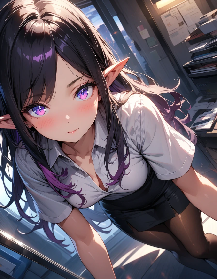 ((highest quality, best quality, masterpiece, ultra high definition, high dynamic range, ultra high resolution)), ((ultra-detailed illustrations:1.2)), 1 girl, solo, anime style, dynamic lighting, dynamic angle, looking at viewer, indoor, office, (beautiful detailed face, beautiful detailed skin, shiny skin, pointed ears, mid-chest), (beautiful detailed hair, parted bangs, long hair, black hair, dark purple hair, multi colored hair), (beautiful detailed eyes, beautiful detailed pupils, violet eyes), (white shirt, collared shirt, short sleeves, black mini skirt, pantyhose)