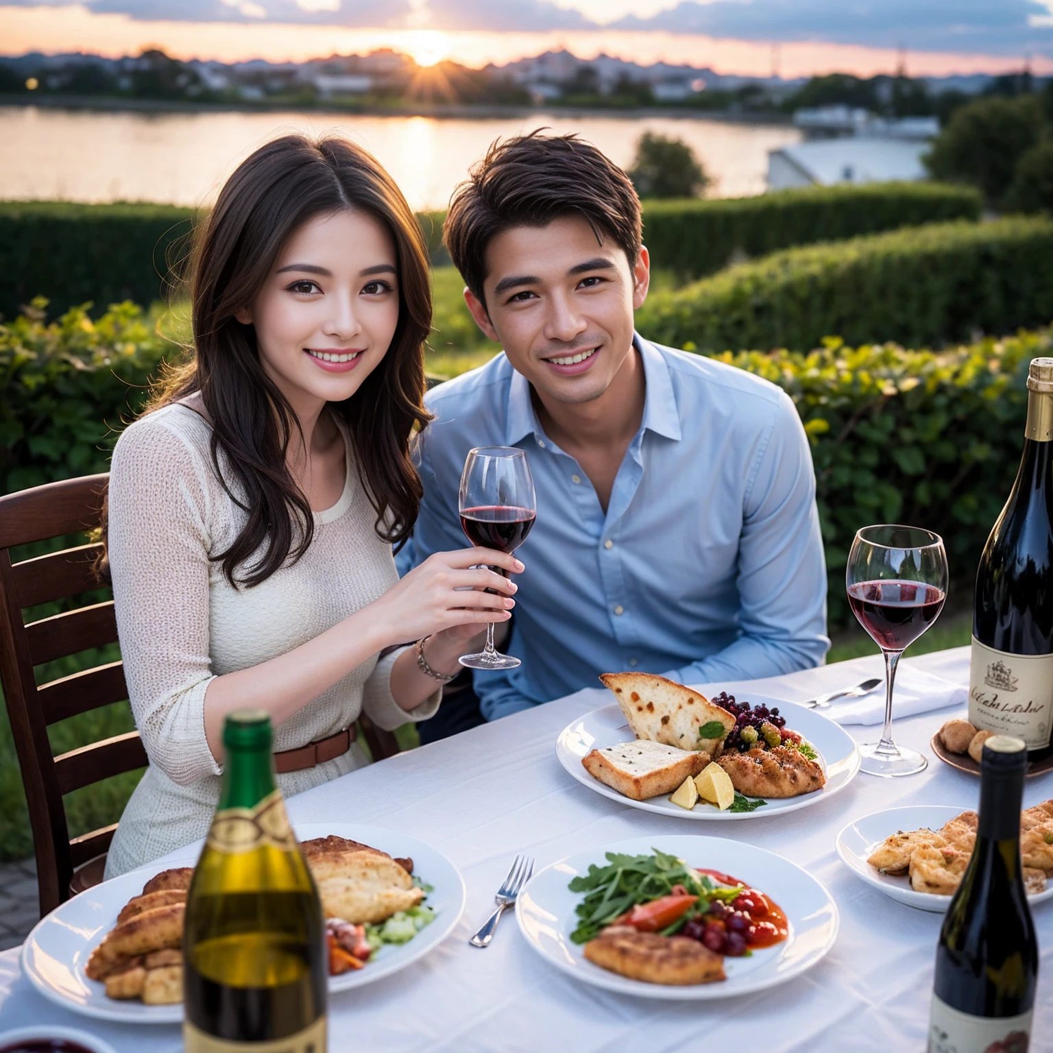 ((Highest quality、8k、masterpiece:1.3))、 (Genuineistic, Genuine、Bright image、Intricate details:1.2), Best smile 1 man 1 woman、Beautiful Couple、Lovers、Relatives and friends、actress couple、couple、Model Couple、Smile、A full-course dinner with a full table、テーブルにwine glass、 (Slim face), (The body is slim), (Brown Hair), (short hair), Please shine a light on my face、 Amazing view of the sunset sky and clouds、 (Age 43), 38 years old, red wine 、Appetizers、Wine bottle、sparkling wine、Long sleeve shirt、dress、White wine, red wine, wine glass, 