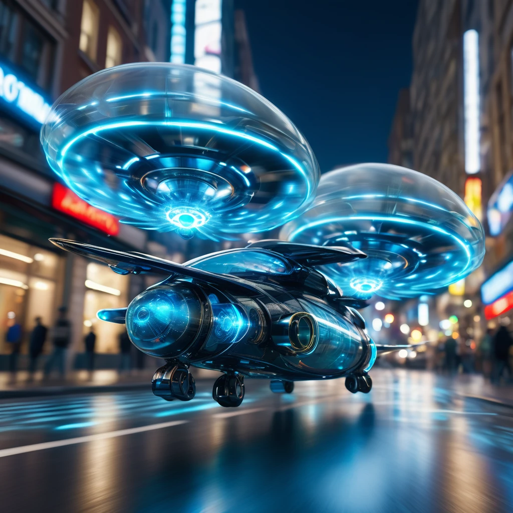 The (flying motor vehicle with Rotors propeller) is a translucent fractal emitting a glowing shell of azure lightnings, bold composition, Motion Blur, speedy action, detailed. The background is a City street 