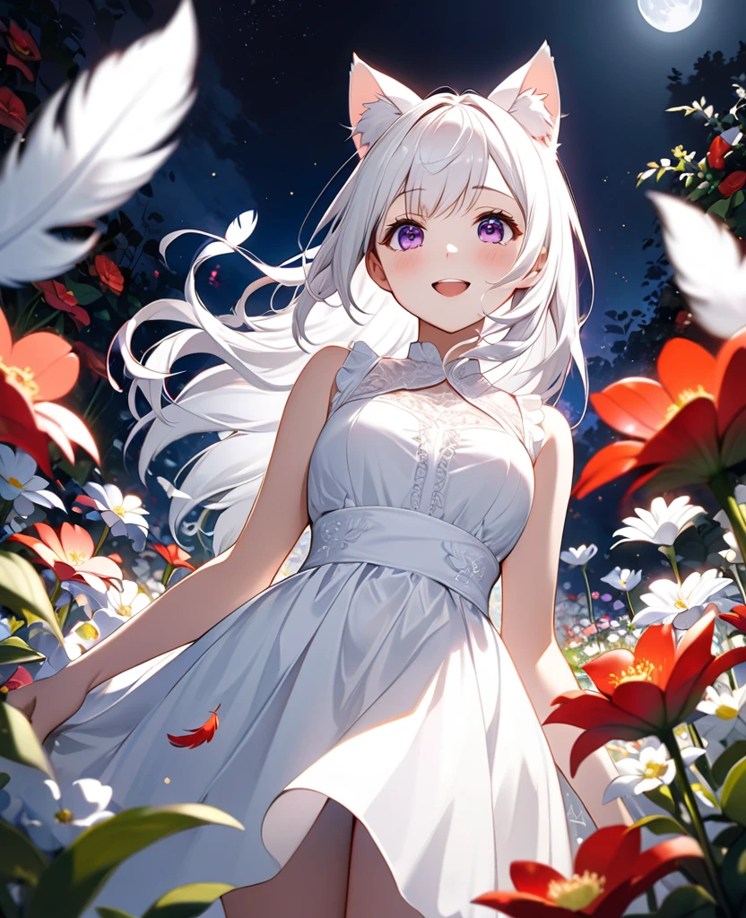 Attractive long white hair, Detailed and precise manual work, Attractive girl, White cat ears, look at me, Purple eyes and white eyelashes,Her cheeks turned red、Laughter,white feathers grow, A subject that stands out against the dark night sky,In the center of the flower garden, White Dress, Dramatic moonlight that makes your subject stand out, Dynamic shot from below,