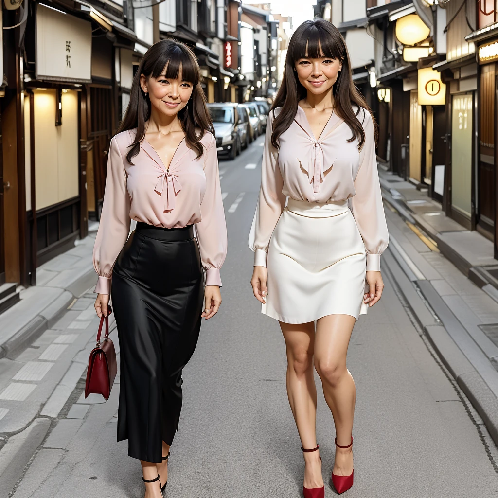 ((Highest quality)), ((8K)), ((masterpiece:1.3)), (Perfect look), (Photorealism:1.6), (One Japanese Mature), (A woman walking through an old street lined with Japanese houses), (Tenement houses on both sides of the road), Blurred Background, (PT, JMA), ((画面中央にOne Japanese Mature)), ((Realistic skin texture)), (Fine wrinkles all over the skin:1.3), (Dull skin:1.1), (Unmoisturized skin:1.2), (Facial wrinkles:0.9), (Wrinkles around the eyes:1.2), double eyelid, Tear bags on the lower eyelids, (Crying Mole:0.9), The eyes are watching me, Serious look, (Dimples on cheeks:1.2), (Short bangs:1.2), Long hair with curled ends, (Hair over the ears), Smiling with the corners of his mouth turned up, (Red blouse), (Black long skirt), Soft fabric blouse, (Wide-necked blouse: 1.4), Wide sleeves, Cuffs that fit snugly around the wrist, Long Skirt, Small breasts, (Salmon pink lips), (Red high heels：1.2), (Standing posture, Full body portrait：1.4), (Angle from the feet：1.4),