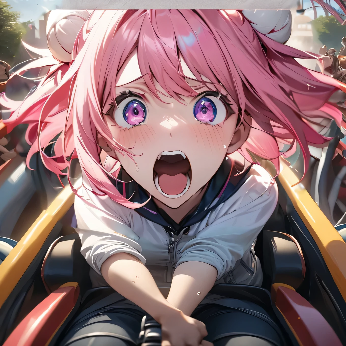 masterpiece, Highest quality, High resolution, {Detailed and beautiful eyes}, finely, Detailed and beautiful eyes, (Hair Ribbon:0.4), Pink Eyes,(((White bun hair))),(((Long pink hair))),(((Screaming face))),(((Open your mouth wide and scream))),(((I'm crying because I'm scared))),(((Tears))),