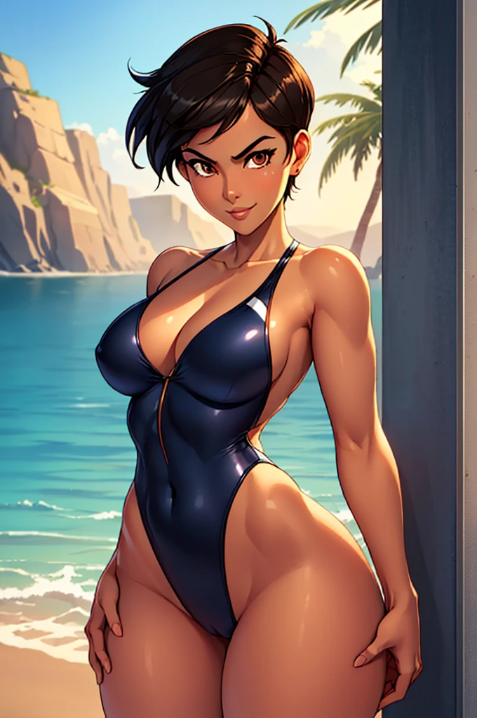 ((ultra quality)), ((masterpiece)), Lois Lane, cute smile, smile, ((black short hair tomboy hairstyle)), (Beautiful face), (beautiful female lips), (), charming, ((sexy facial expression)), (tan skin color), (tan skin), glare on the body, ((detailed beautiful female eyes)), ((dark brown eyes)), (juicy female lips), (dark eyeliner), (beautiful female hands), ((ideal female figure)), ideal female body, beautiful waist, gorgeous thighs, beautiful medium breasts, ((subtle and beautiful)), sexy worth (), (one-piece swimsuit) background: bikini, ((depth of field)), ((high quality clear image)), (clear details), ((high detail)), realistically, professional photo session, standing, ass, buttlift, grabbing own ass, ass grab, spread ass
