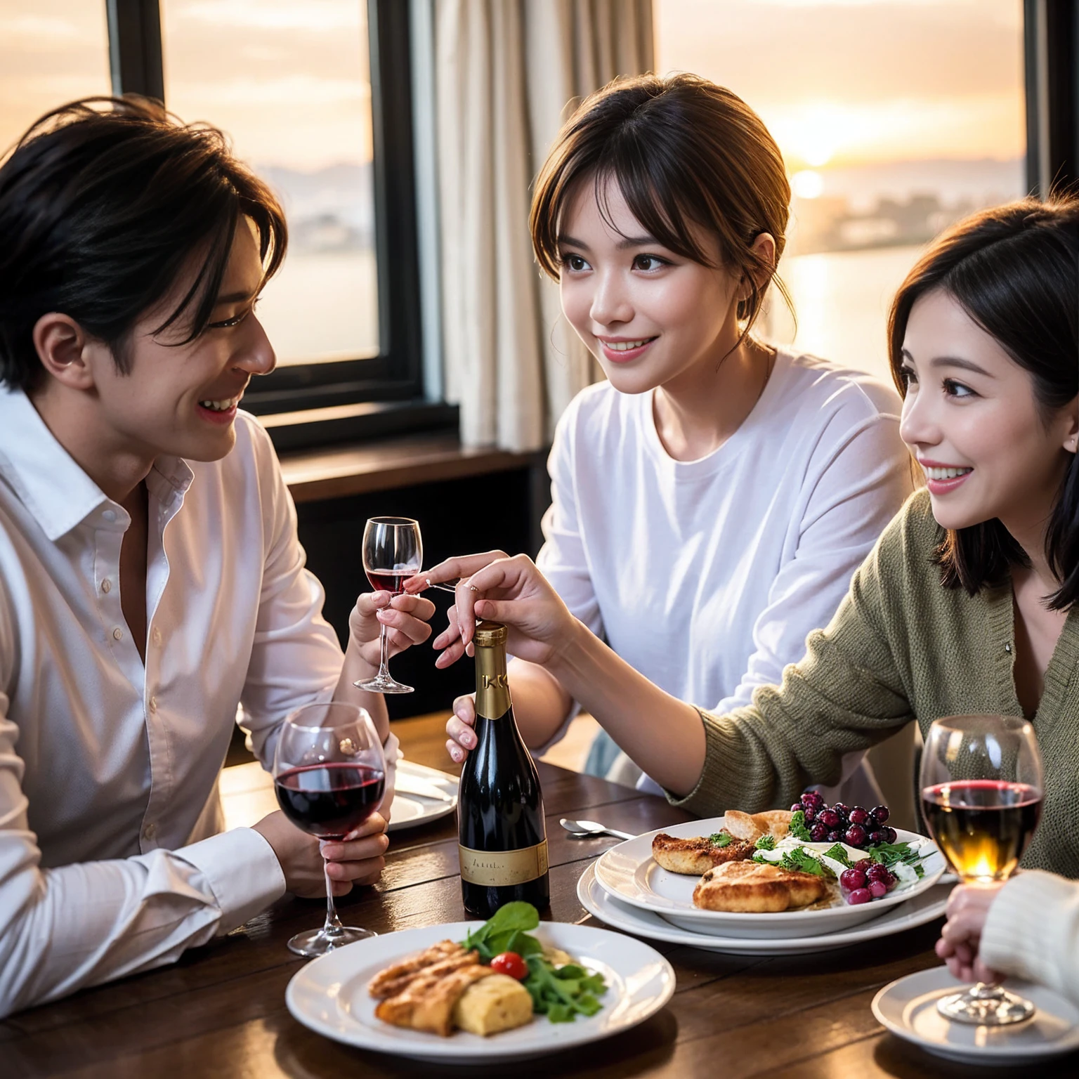 ((Highest quality、8k、masterpiece:1.3))、 (Genuineistic, Genuine、Bright image、Intricate details:1.2), 最高のsmile 男性1人 女性1人、Beautiful Couple、Lovers、Relatives and friends、spouse、actresodel couple、smile、A full-course dinner with a full table、 (Slim face), (the body is slim), (Brown Hair), (short hair), テーブルのwine glass、Please shine a light on my face、 Amazing view of the sunset sky and clouds、 (Age 33)38 years old, red wine 、Appetizers、Wine bottle、sparkling wine、Long sleeve shirt、dress、White wine, red wine, wine glass, 