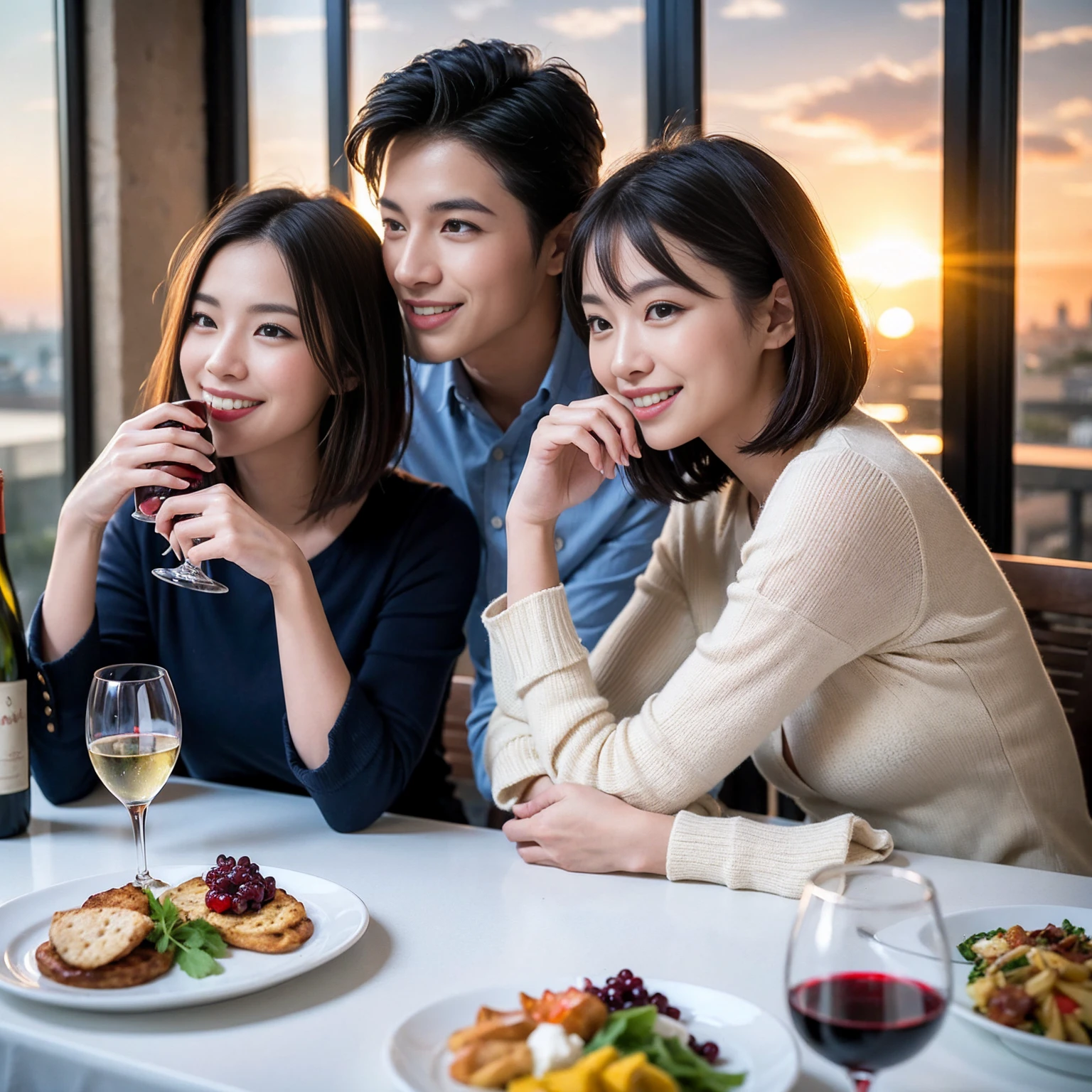 ((Highest quality、8k、masterpiece:1.3))、 (Genuineistic, Genuine、Bright image、Intricate details:1.2), 最高のsmile 男性1人 女性1人、Beautiful Couple、Lovers、Relatives and friends、spouse、actresodel couple、smile、A full-course dinner with a full table、 (Slim face), (the body is slim), (Brown Hair), (short hair), テーブルのwine glass、Please shine a light on my face、 Amazing view of the sunset sky and clouds、 (Age 33)38 years old, red wine 、Appetizers、Wine bottle、sparkling wine、Long sleeve shirt、dress、White wine, red wine, wine glass, 