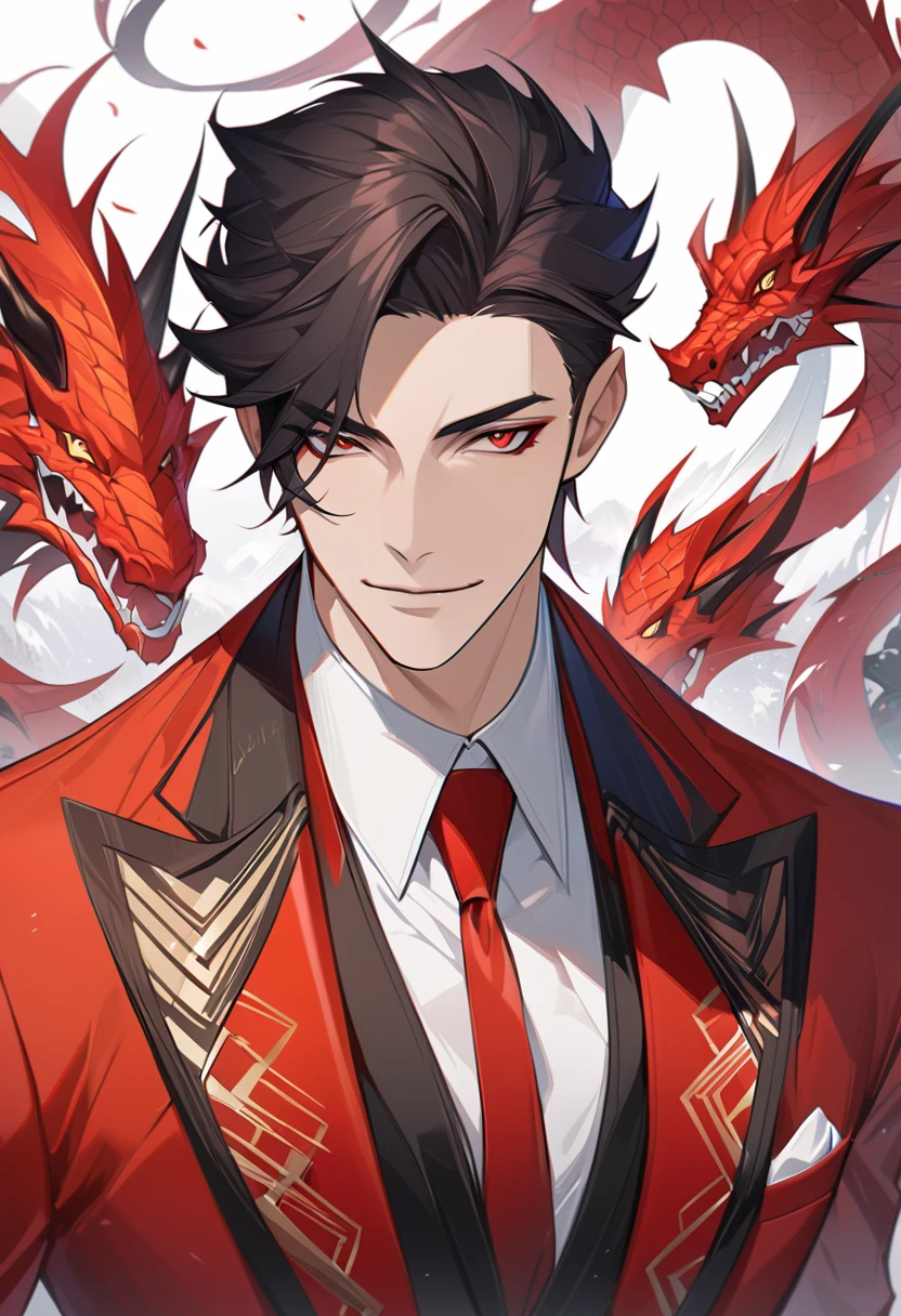 Cartoon man in a suit and tie，There is a dragon in the background, Dragon Pattern Set, author：Yang J, Human-dragon fusion, Handsome Japanese demon boy, The handsome guy in Demon Slayer, epic elegant portrait, Trendin on artstation, author Oliver Sin, Crimson clothing, black and red suit, Very detailed and beautiful fan art, Handsome male vampire