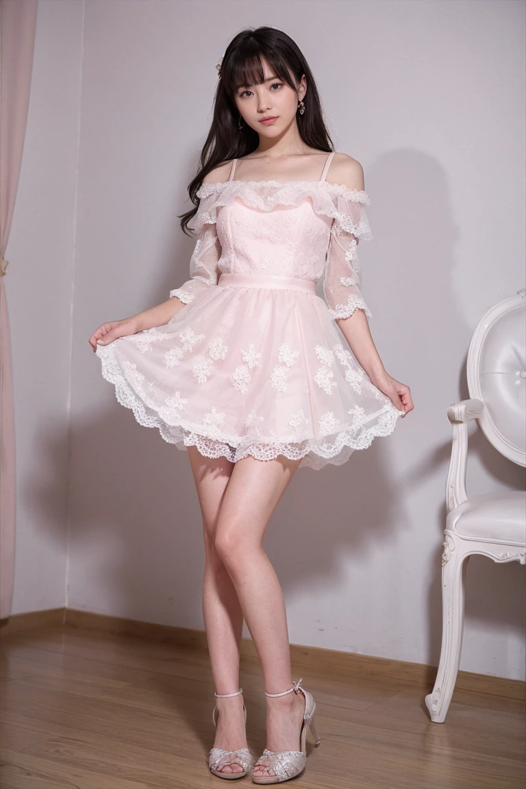 Medium display, Medium Shot, Written boundary depth, Photograph the whole body:1.5, Are standing、Movie angle, masterpiece, Highest quality, Very detailed, CG, 8k wallpaper, Beautiful Face, Delicate eyes, Otome, alone, smile, Pink Dress, bouquet、High heels、Action pose、Taekwondo stance