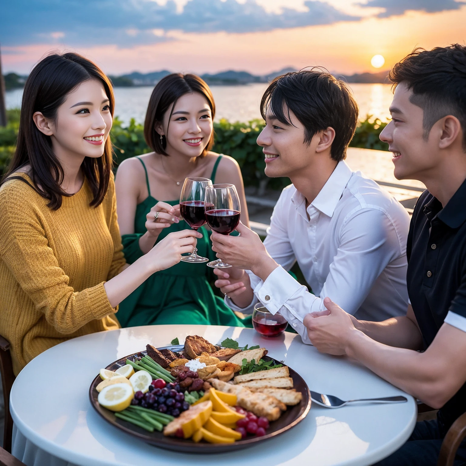 ((Highest quality、8k、masterpiece:1.3))、 (Genuineistic, Genuine、Bright image、Intricate details:1.2), Best smile 1 man 1 woman、Beautiful Couple、Lovers、Relatives and friends、actress couple、couple、Model Couple、Smile、A full-course dinner with a full table、テーブルにwine glass、 (Slim face), (The body is slim), (Brown Hair), (short hair), Please shine a light on my face、 Amazing view of the sunset sky and clouds、 (age 34), 38 years old, red wine 、Appetizers、Wine bottle、sparkling wine、Long sleeve shirt、dress、White wine, red wine, wine glass,