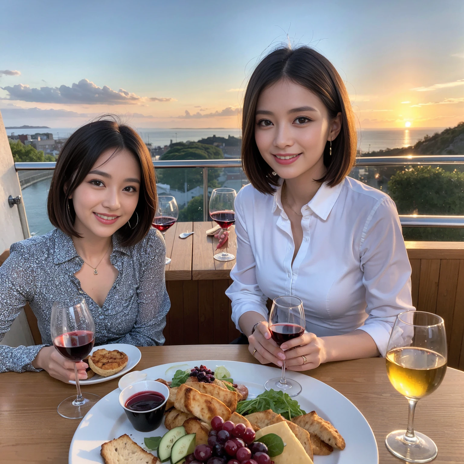 ((Highest quality、8k、masterpiece:1.3))、 (Genuineistic, Genuine、Bright image、Intricate details:1.2), Best smile 1 man 1 woman、Beautiful Couple、Lovers、Relatives and friends、actress couple、couple、Model Couple、Smile、A full-course dinner with a full table、テーブルにwine glass、 (Slim face), (The body is slim), (Brown Hair), (short hair), Please shine a light on my face、 Amazing view of the sunset sky and clouds、 (age 34), 38 years old, red wine 、Appetizers、Wine bottle、sparkling wine、Long sleeve shirt、dress、White wine, red wine, wine glass,