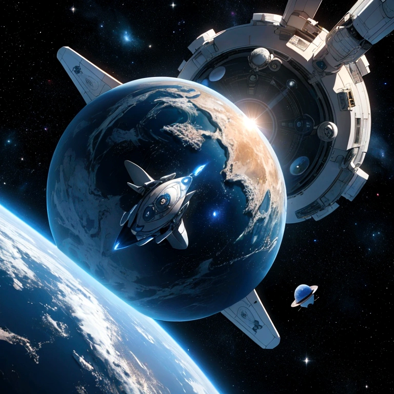 universe space、planet、 Spaceship, , Flying in Space、(Realistic 8K)