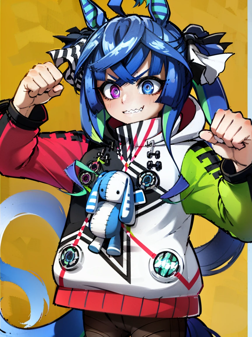 ((Top quality)), ((Masterpiece)), ((best quality:1.2,)), (((Twin Turbo (Umamusume)))), small breasts, ((Five fingers))