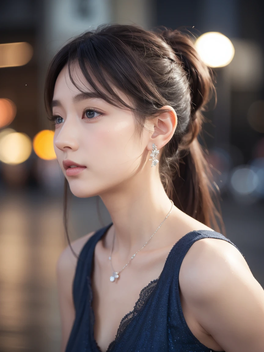 Poor posture、（Very delicate and beautiful work）、（masterpiece）、One Girl、Girl in a dress、High definition、Lumbar leakage、Ponytail Distortion、attractive外観、Beautiful and clear eyes、blue eyes、Delicate necklace、Delicate earrings、Fairy ears、Simple background blur、Super detailed description、Beautiful poop、attractive、Ultra-fine painting、Delicate face、Delicate figures、Thin clavicle、Nice lips、Beautiful breasts、Softback、Mix 4、(8k、Raw photo、Highest quality) 、masterpiece:1.2)、(Realistic、Photorealistic:1.37)、1 Girl、cute、Cityscape、night、rain、Wet、Professional Lighting、Photon Mapping、Radio City、Physically Based Rendering、Esbian all over、Random hair color、