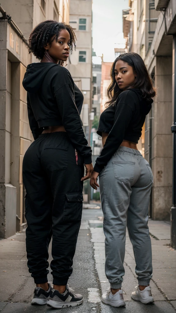 ((masterpiece)), ((best quality)), ((highres)), ((detailed background)), ((extremely detailed CG unity 8k wallpaper)), 2 girl standing straight, big butt, Create a 4K realistic image of two black girls, big butt, overweight, big butt
They has black curly hair, they’re black woman , very curvy
There , very thin
Ghetto, street, hood
, bum
Massive butt
Facing camera,
Dirty clothes
Ghetto, full clothes, baggy sweatpants, loose pants, sagging pants, pants low, ghetto, tradhy woman
Black skin, older woman