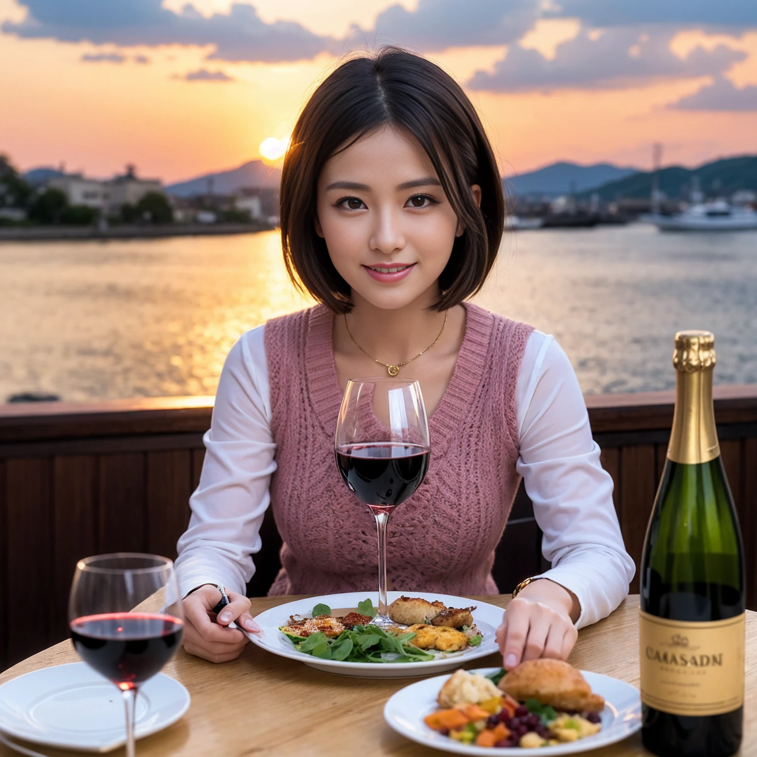 ((Highest quality、8k、masterpiece:1.3))、 (Genuineistic, Genuine、Bright image、Intricate details:1.2), 最高のsmile 男性1人 女性1人、美しいCouple、lover、Relatives and friends、actress Couple、Couple、モデルCouple、smile、Full-course dinner at a packed table、テーブルにwine glass、 (Slim face), (the body is slim), (Brown Hair), (short hair), Please shine a light on my face、 Amazing view of the sunset sky and clouds、 (age 34), 38 years old, red wine 、Appetizers、Wine bottle、sparkling wine、Long sleeve shirt、dress、White wine, red wine, wine glass, 