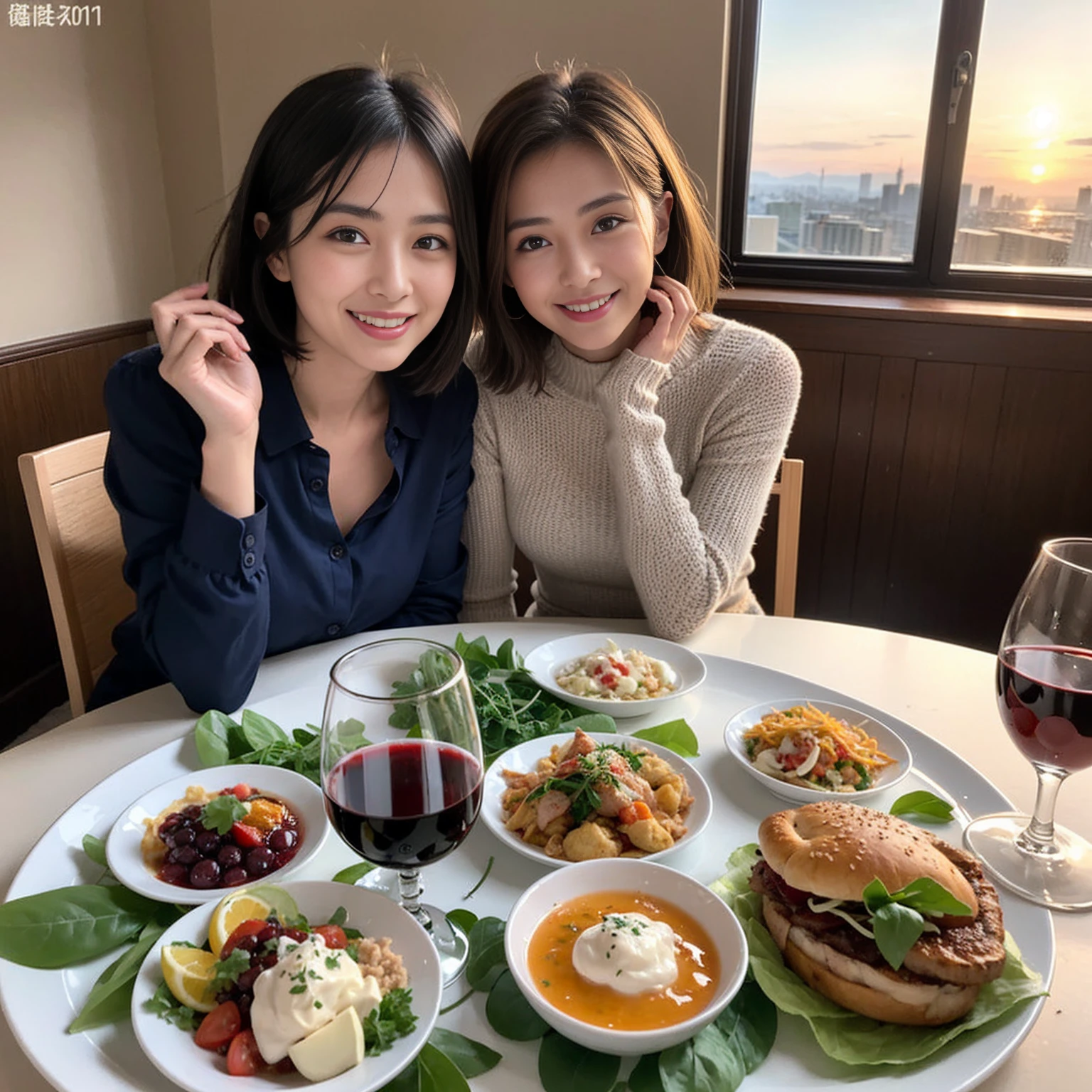 ((Highest quality、8k、masterpiece:1.3))、 (Genuineistic, Genuine、Bright image、Intricate details:1.2), 最高のsmile 男性1人 女性1人、美しいCouple、lover、Relatives and friends、actress Couple、Couple、モデルCouple、smile、Full-course dinner at a packed table、テーブルにwine glass、 (Slim face), (the body is slim), (Brown Hair), (short hair), Please shine a light on my face、 Amazing view of the sunset sky and clouds、 (age 34), 38 years old, red wine 、Appetizers、Wine bottle、sparkling wine、Long sleeve shirt、dress、White wine, red wine, wine glass, 
