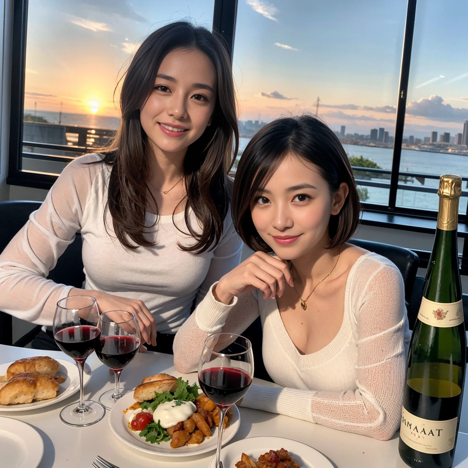 ((Highest quality、8k、masterpiece:1.3))、 (Genuineistic, Genuine、Bright image、Intricate details:1.2), 最高のsmile 男性1人 女性1人、美しいCouple、lover、Relatives and friends、actress Couple、Couple、モデルCouple、smile、Full-course dinner at a packed table、テーブルにwine glass、 (Slim face), (the body is slim), (Brown Hair), (short hair), Please shine a light on my face、 Amazing view of the sunset sky and clouds、 (age 34), 38 years old, red wine 、Appetizers、Wine bottle、sparkling wine、Long sleeve shirt、dress、White wine, red wine, wine glass,