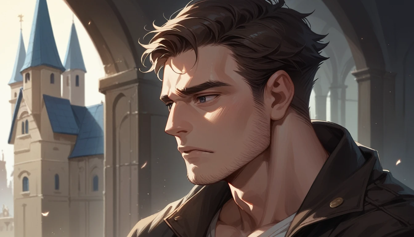 handsome young man alone sad and melancholy in half profile in a castle corridor