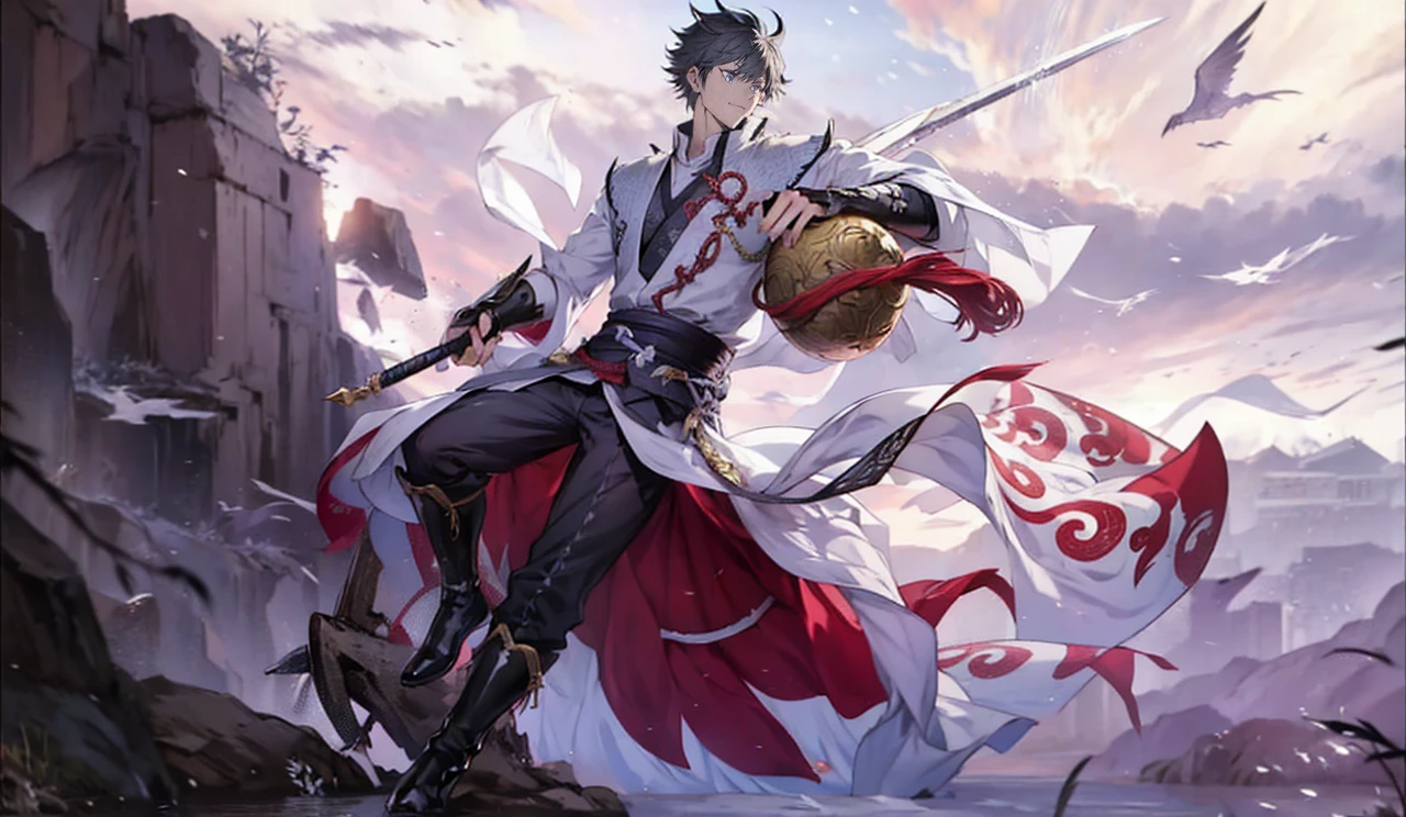 Anime com cores muito vivas, linhas sombras e cores bem definidas, um close up de uma pessoa segurando uma espada e um porongo, por Yang J, Heise Jinyao, keqing do impacto genshin, zhongli do impacto genshin, cai xukun, arte oficial, mobile wallpaper, handsome guy in demon slayer art, cabelo castanho claro, inspired por Yang Jin, Qi Yang, inspirado em Huang Shen, olchas logan cura liang xing