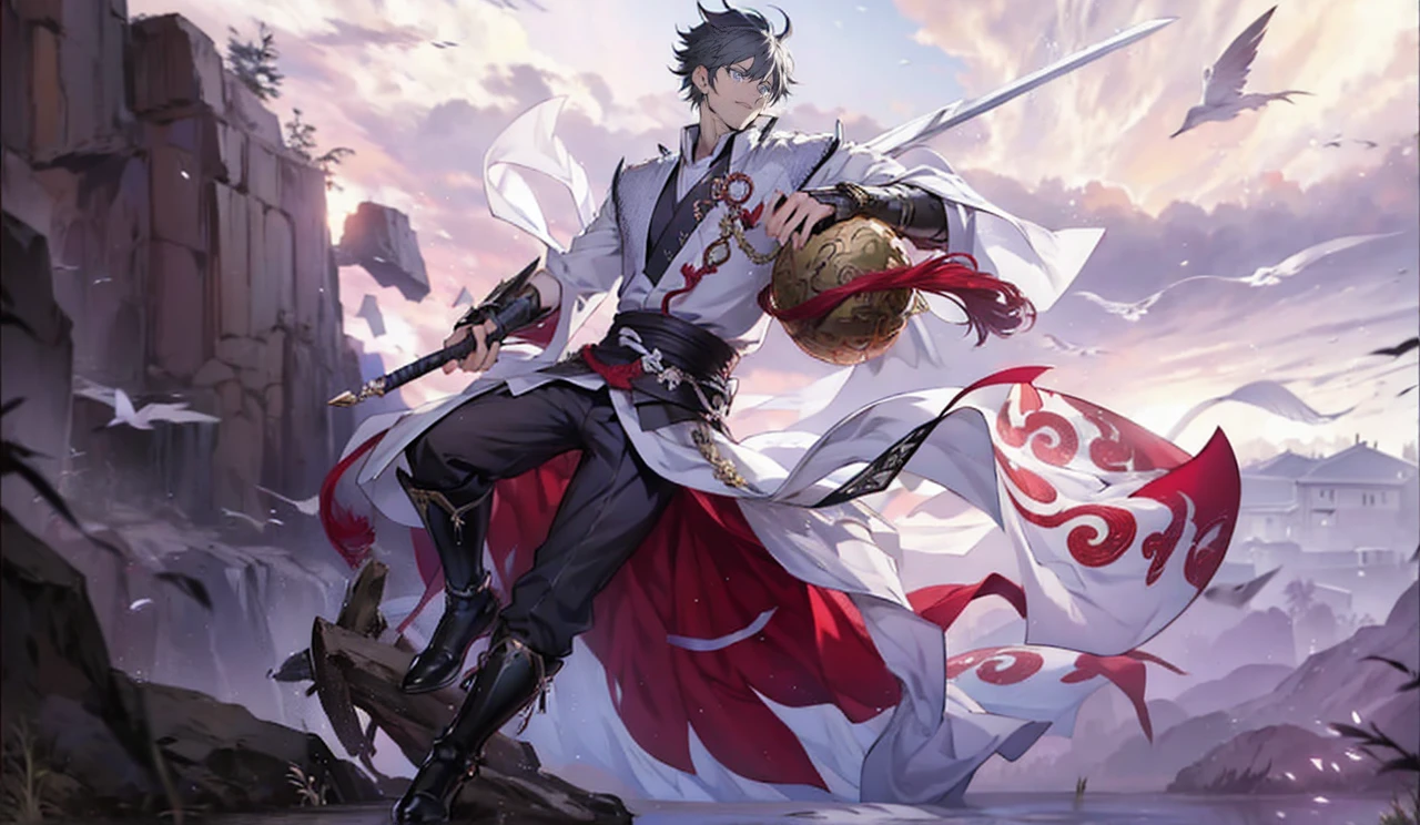 Anime com cores muito vivas, linhas sombras e cores bem definidas, um close up de uma pessoa segurando uma espada e um porongo, por Yang J, Heise Jinyao, keqing do impacto genshin, zhongli do impacto genshin, cai xukun, arte oficial, mobile wallpaper, handsome guy in demon slayer art, cabelo castanho claro, inspired por Yang Jin, Qi Yang, inspirado em Huang Shen, olchas logan cura liang xing