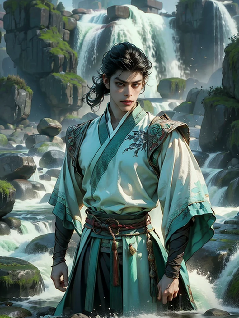 Yichen, a handsome young man from Danzhongyuan
In the midst of an ancient village surrounded by mountains, Yichen, a sixteen-year-old young man stood towering by the stream. The clear water reflected his face as magnificent as a painting, his complexion was smooth, his black eyes were shining sharply, his black hair was long dashing. Tie it up with a bright red bow.

He wore a light blue antique Chinese dress, made of light texture, fluttering in the wind, the long, ankle-length hem, on the waist adorned with an emerald jade belt. Some of his hair released a flute and mingled with a thin veil embellished with gold floral motifs.

Yichen stood still, staring at the vast sky, speechless. The atmosphere around him was full of peace and quiet. The sound of birds singing in the forest, the sound of water flowing from the stream, all were heart-warming melodies of nature.

He is like a dream image that has fallen out of the past, his magnificent face, combined with a vintage Chinese dress, makes him look even more seductive. The breeze blows through the waving of the hem and sheer fabric, revealing his symmetrical physique.

Yichen, a young boy full of secrets, a beautiful face like a goddess, but his glint is obscured by sadness. What will his story be next?

elaboration

Her black hair was long, tied up in a bright red bow.
The eyes are completely black, with a sharp glow.
Whiteness of the skin
Light Blue Antique Chinese Dress
Lightweight fabric, swaying in the wind
Emerald Green Jade Belt
Thin airy fabric is decorated with a golden floral pattern.
Elegant posture. Basics
Mourning Glitter Mysterious
atmospheric

Ancient village
streams
Fattening the mountain
woodland
Wide sky
Fresh air
Quiet
undisturbed
temperament

picturesque
undercover
grieved
graceful
dignified