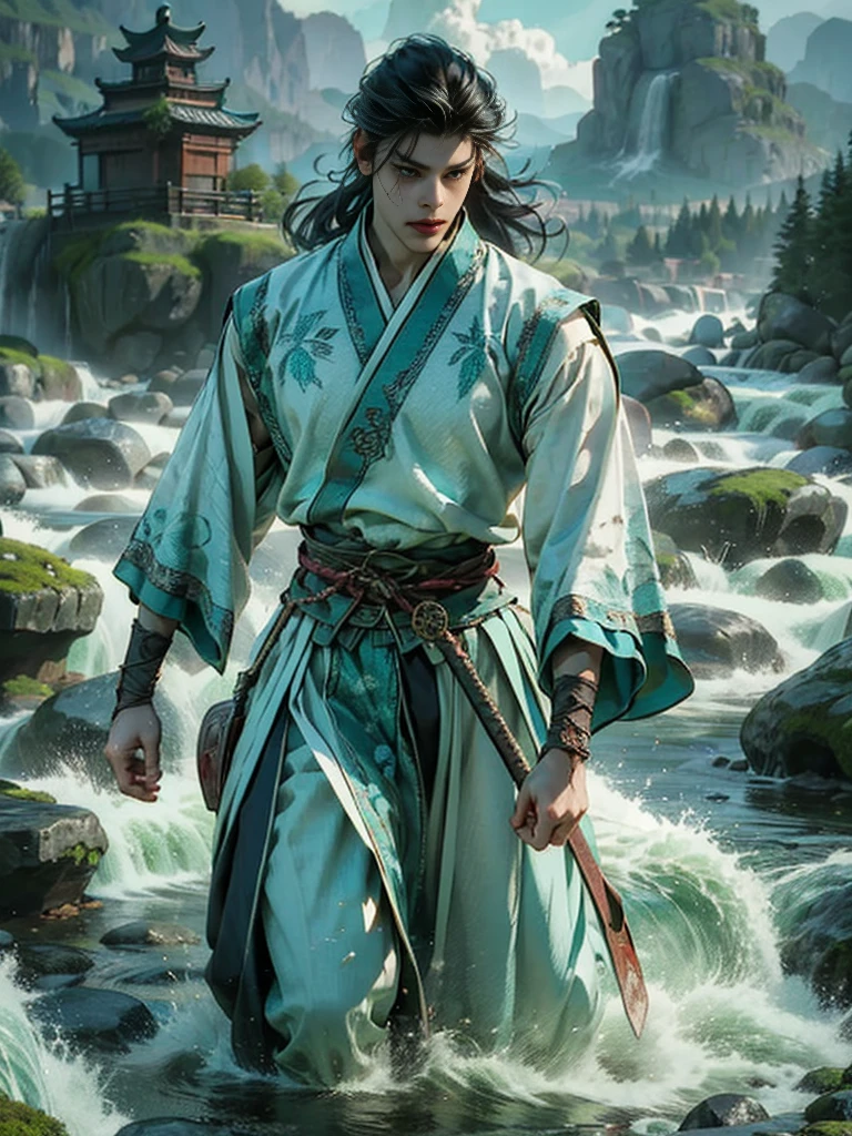 Yichen, a handsome young man from Danzhongyuan
In the midst of an ancient village surrounded by mountains, Yichen, a sixteen-year-old young man stood towering by the stream. The clear water reflected his face as magnificent as a painting, his complexion was smooth, his black eyes were shining sharply, his black hair was long dashing. Tie it up with a bright red bow.

He wore a light blue antique Chinese dress, made of light texture, fluttering in the wind, the long, ankle-length hem, on the waist adorned with an emerald jade belt. Some of his hair released a flute and mingled with a thin veil embellished with gold floral motifs.

Yichen stood still, staring at the vast sky, speechless. The atmosphere around him was full of peace and quiet. The sound of birds singing in the forest, the sound of water flowing from the stream, all were heart-warming melodies of nature.

He is like a dream image that has fallen out of the past, his magnificent face, combined with a vintage Chinese dress, makes him look even more seductive. The breeze blows through the waving of the hem and sheer fabric, revealing his symmetrical physique.

Yichen, a young boy full of secrets, a beautiful face like a goddess, but his glint is obscured by sadness. What will his story be next?

elaboration

Her black hair was long, tied up in a bright red bow.
The eyes are completely black, with a sharp glow.
Whiteness of the skin
Light Blue Antique Chinese Dress
Lightweight fabric, swaying in the wind
Emerald Green Jade Belt
Thin airy fabric is decorated with a golden floral pattern.
Elegant posture. Basics
Mourning Glitter Mysterious
atmospheric

Ancient village
streams
Fattening the mountain
woodland
Wide sky
Fresh air
Quiet
undisturbed
temperament

picturesque
undercover
grieved
graceful
dignified