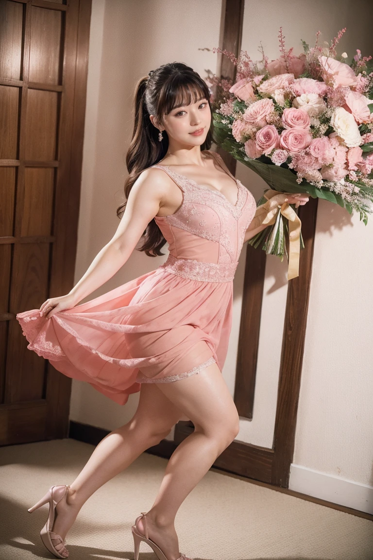 Medium display, Medium Shot, Written boundary depth, Photograph the whole body:1.5, Are standing、Movie angle, masterpiece, Highest quality, Very detailed, CG, 8k wallpaper, Beautiful Face, Delicate eyes, Otome, alone, smile, Pink Dress, bouquet、High heels、Action pose、Taekwondo stance