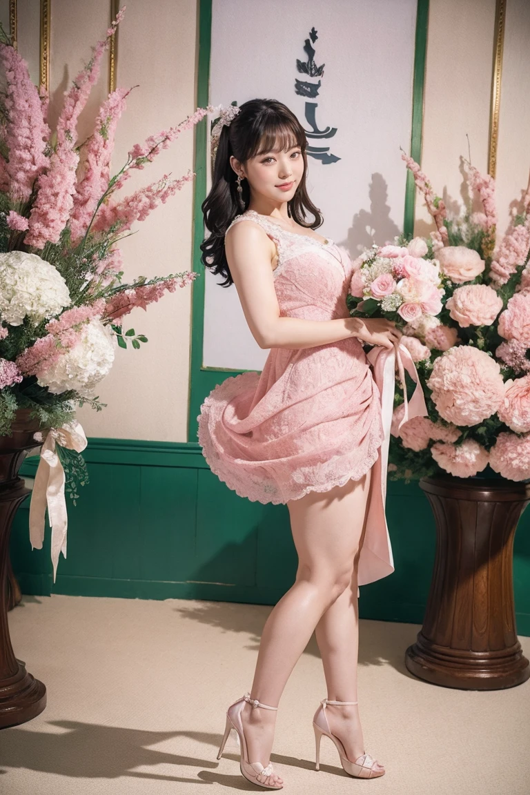 Medium display, Medium Shot, Written boundary depth, Photograph the whole body:1.5, Are standing、Movie angle, masterpiece, Highest quality, Very detailed, CG, 8k wallpaper, Beautiful Face, Delicate eyes, Otome, alone, smile, Pink Dress,  bouquet、High heels、Action pose、Taekwondo stance